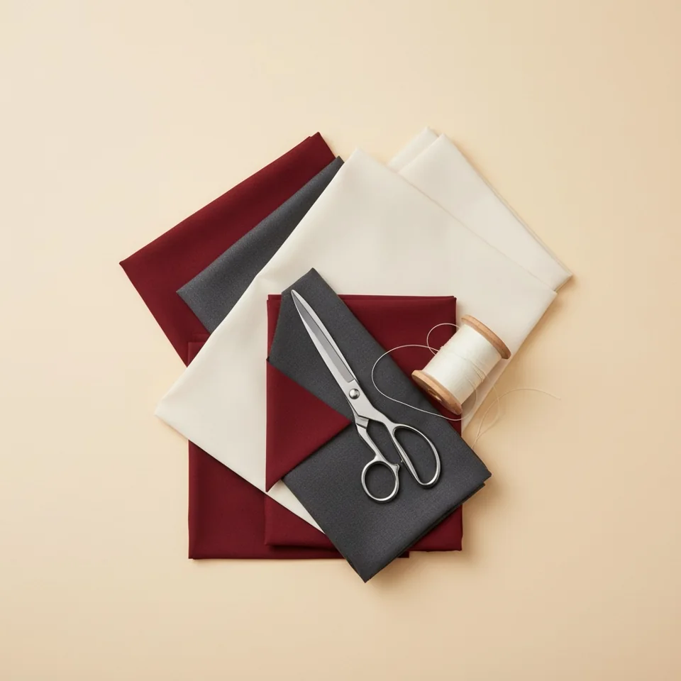 Abstract unmarked tailoring still life — illustrative, not a photograph of business premises