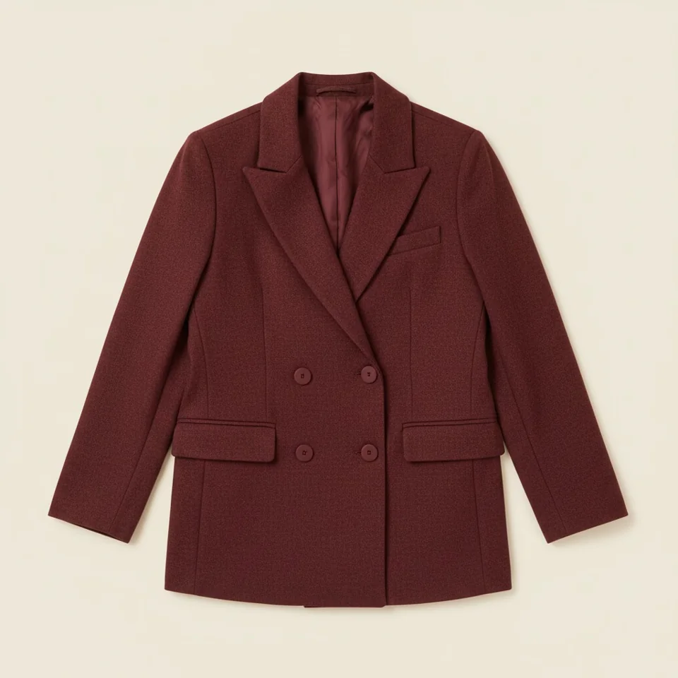 Textured Double-Breasted Jacket in oxblood, complete garment
